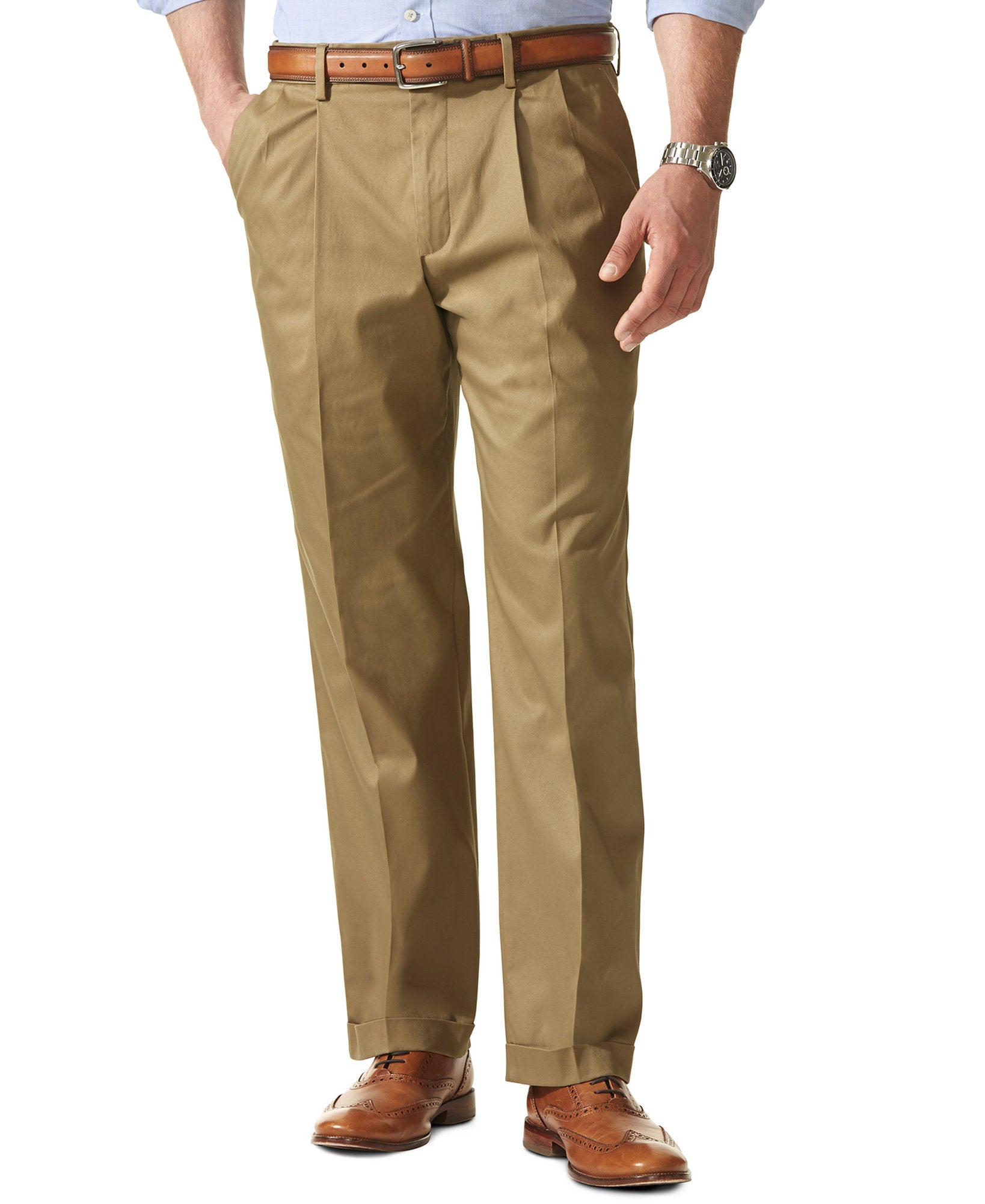 Dockers Men Stretch Classic Fit Iron Free Khaki Pants Pleated Safari Beige