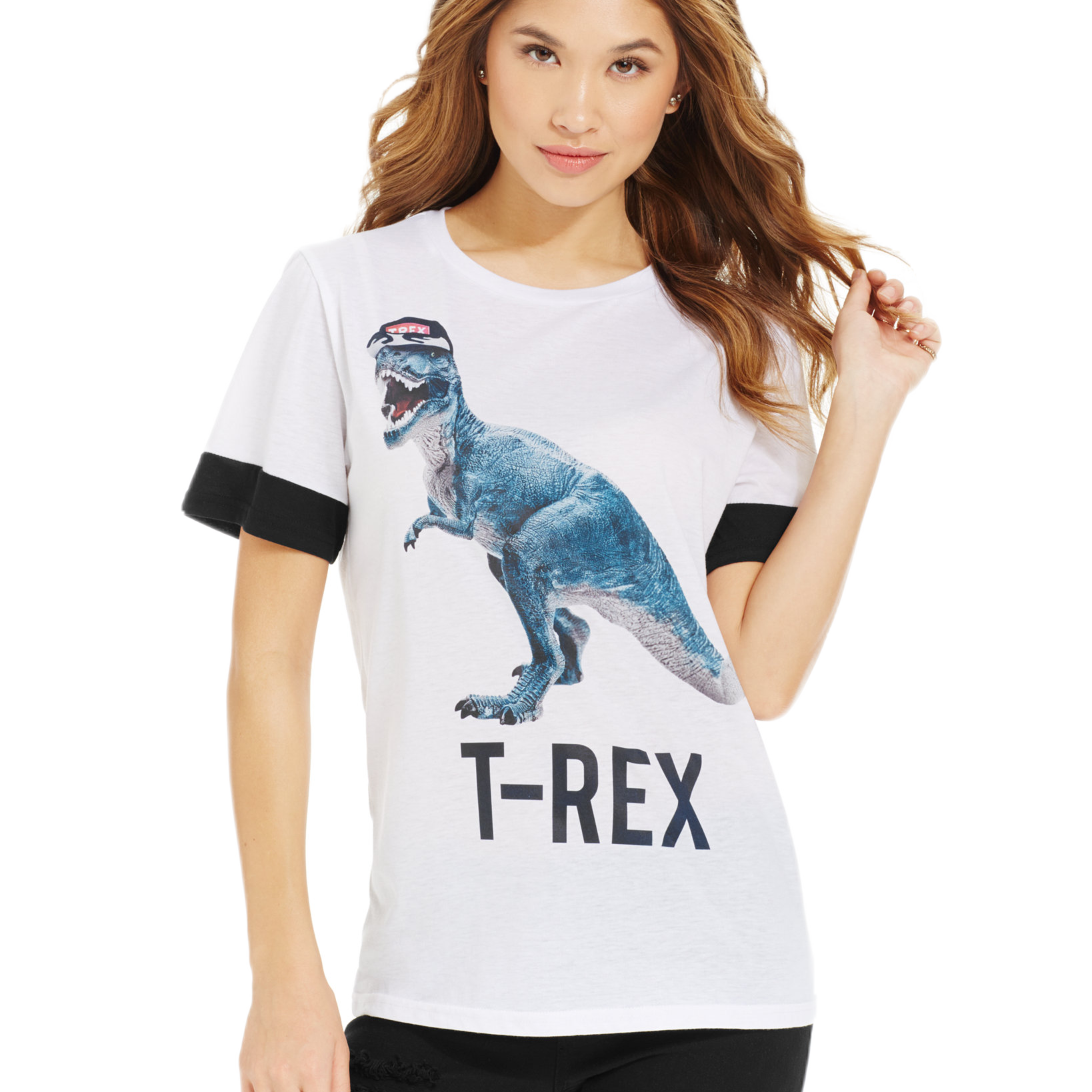 Ntd Juniors T Rex Contrast Sleeve Tee White Black