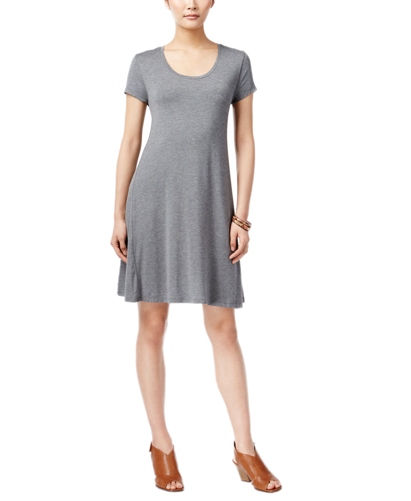 Style & Co Women Petite Short Sleeve A Line Dress Mid Heather Grey
