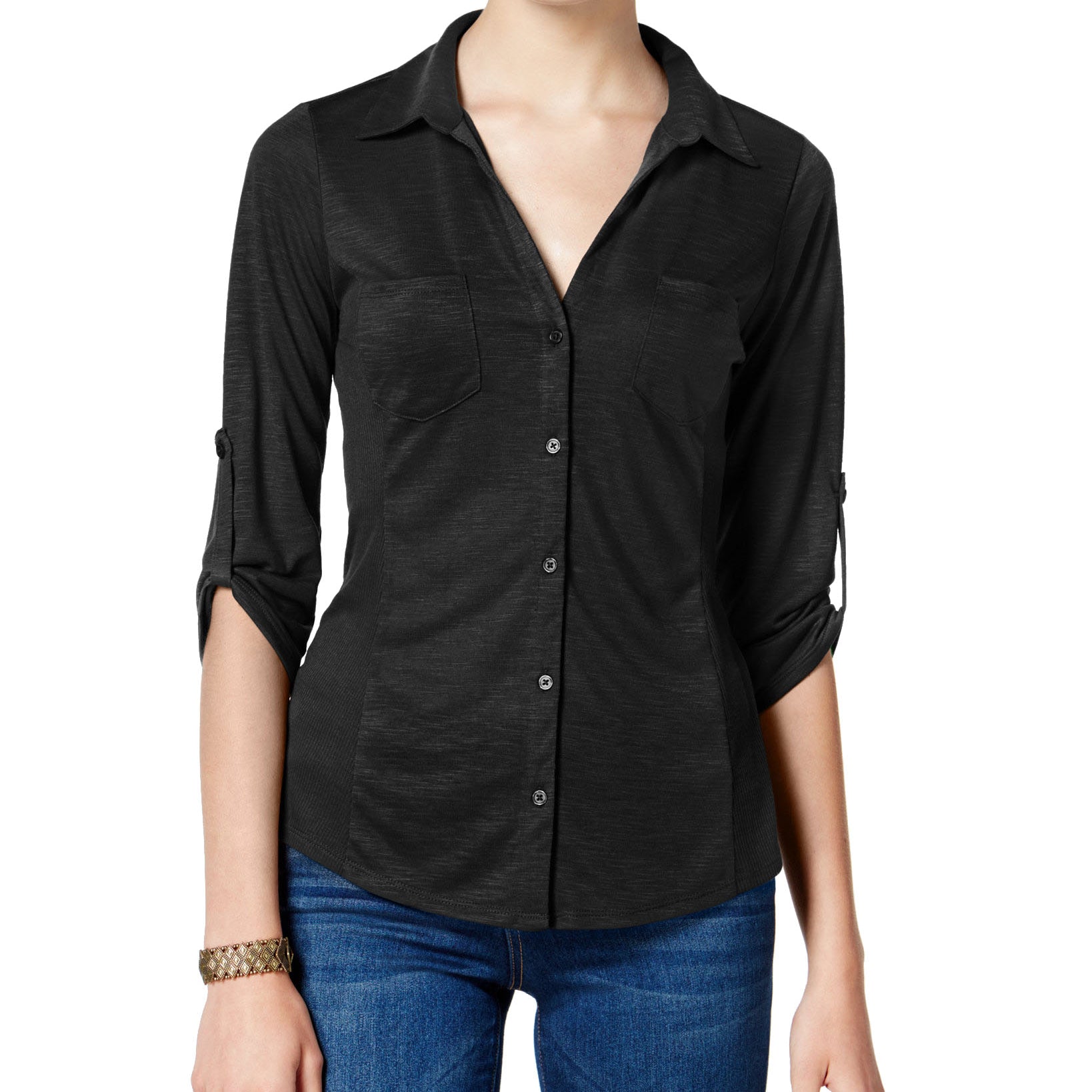 Almost Famous Juniors Ribbed Panel Button Down Top