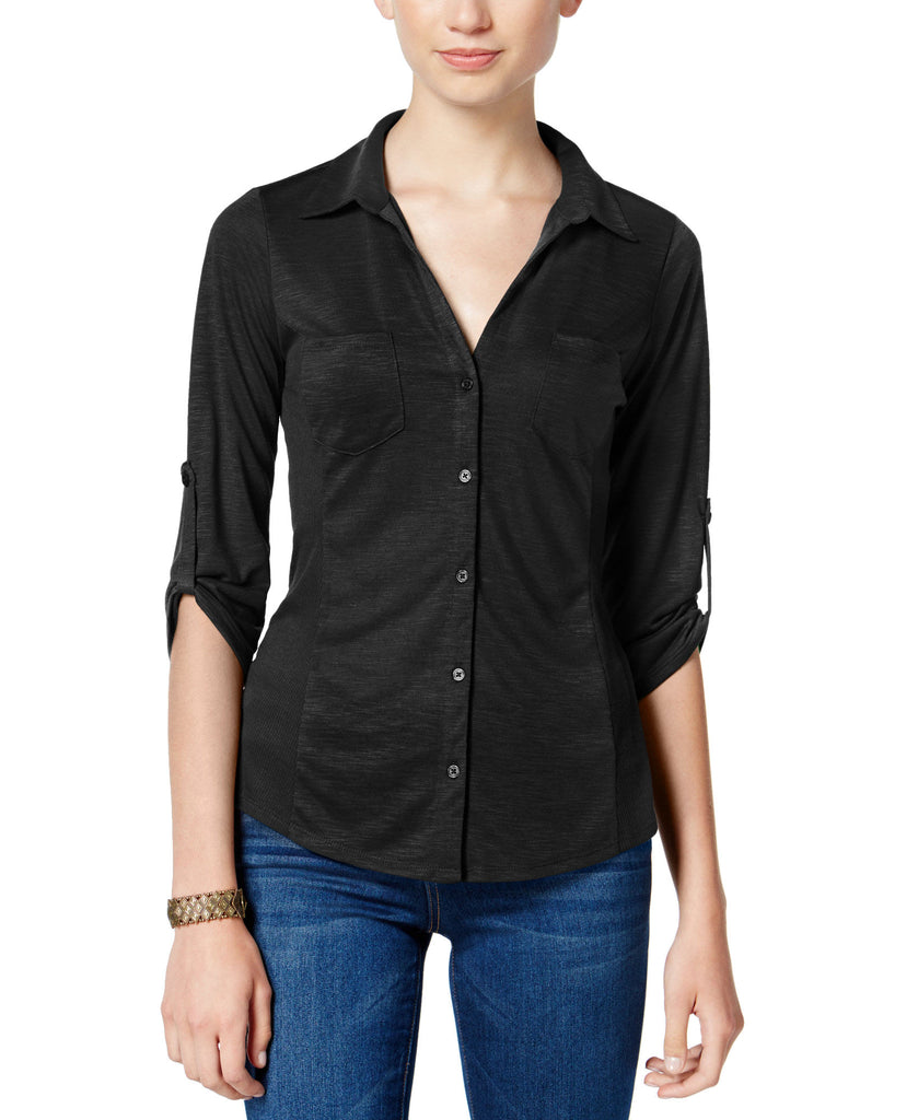 Almost Famous Juniors Ribbed Panel Button Down Top