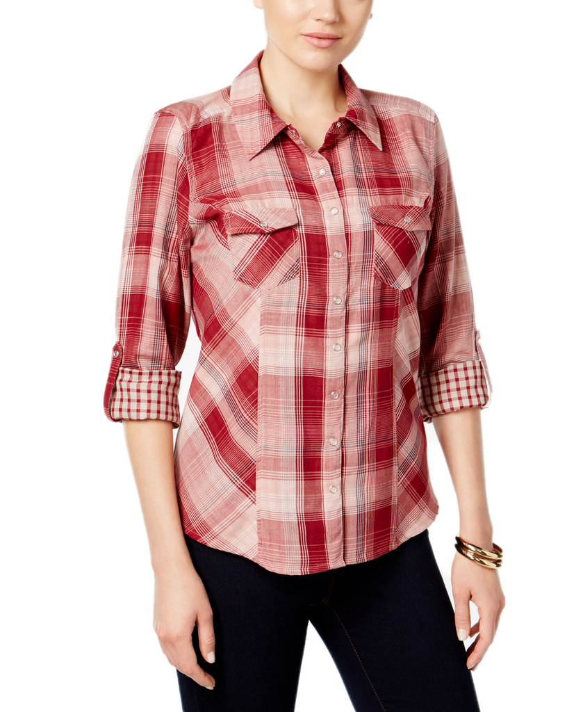 Style & Co. Women Style & Co. Plaid Utility Shirt Moon Plaid Red