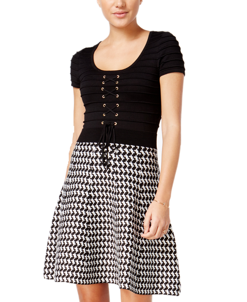 XOXO Women Lace Up Printed Fit & Flare Sweater Dress Black Multi