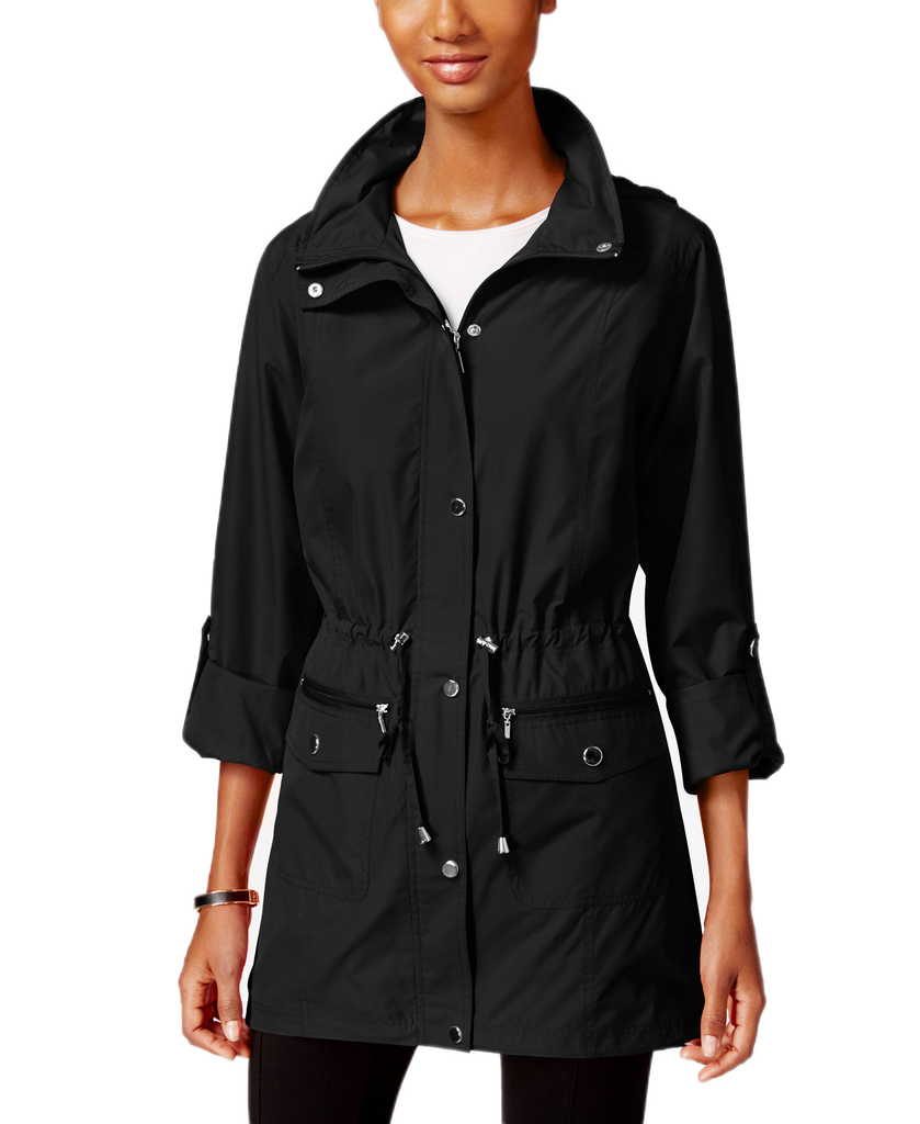 Style & Co Women Hooded Roll Tab Sleeve Anorak Jacket Deep Black
