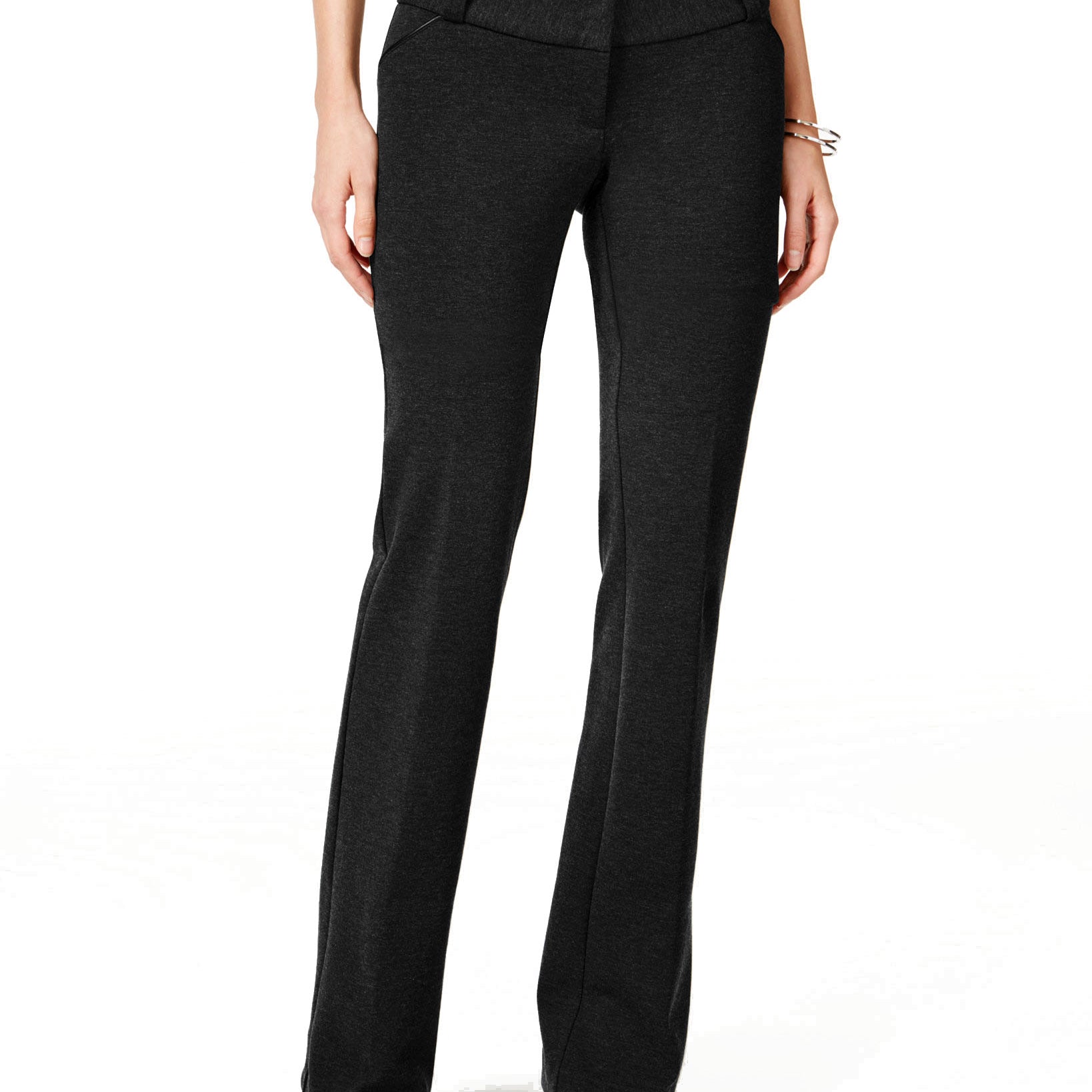 Alfani Women Petite Faux Leather Trim Wide Leg Trousers Deep Black