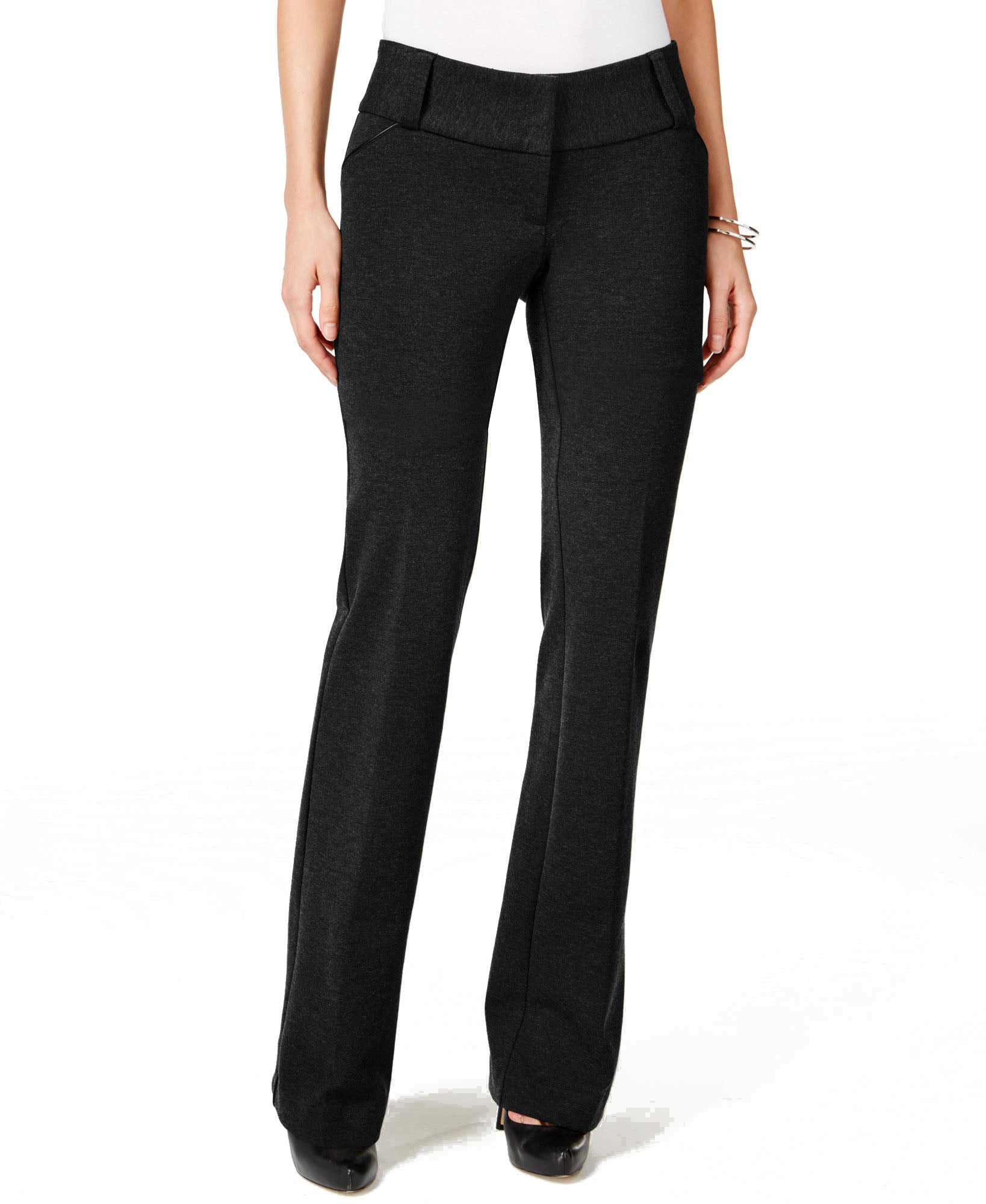 Alfani Women Petite Faux Leather Trim Wide Leg Trousers Deep Black