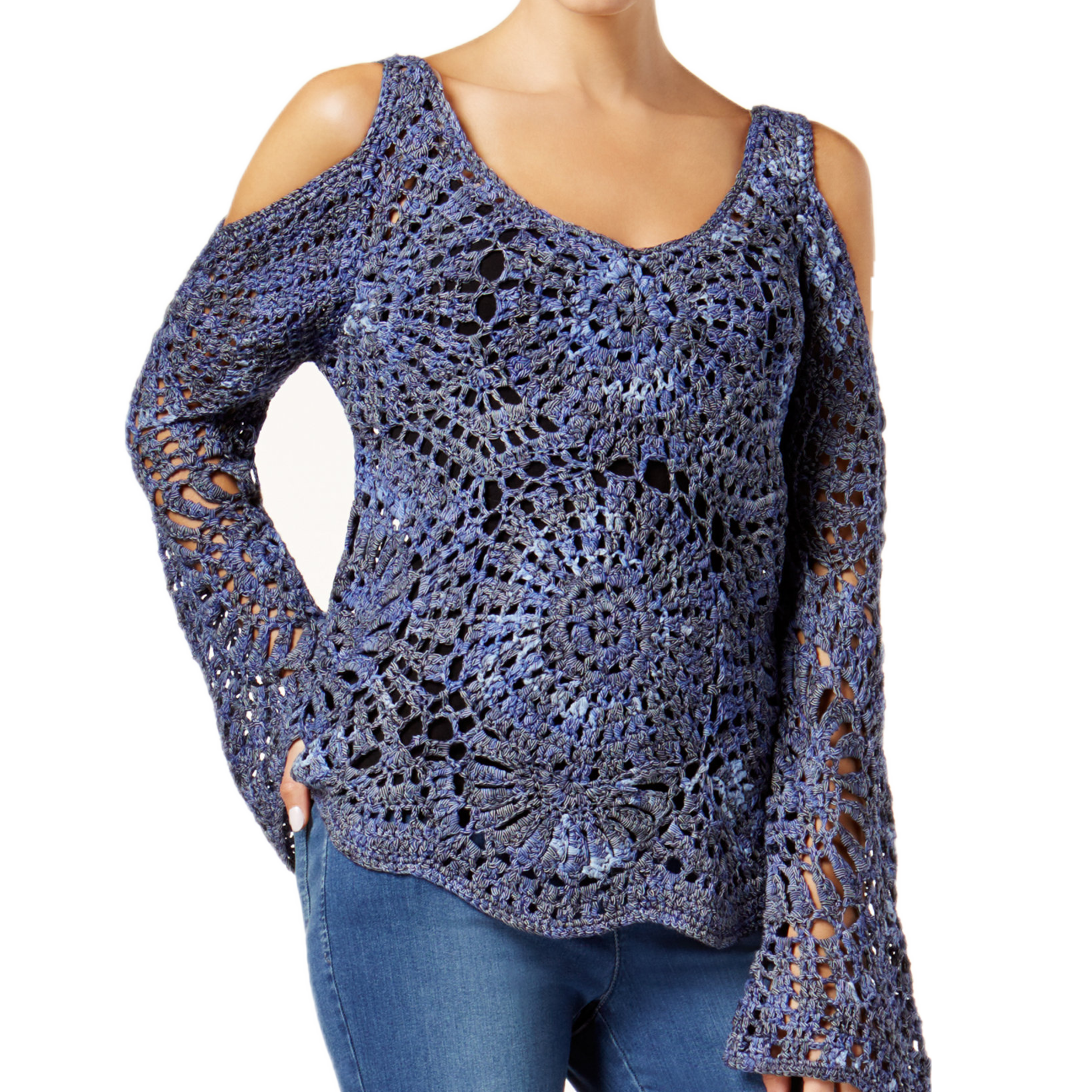 INC International Concepts Women Cold Shoulder Crocheted Sweater Deep Twilight