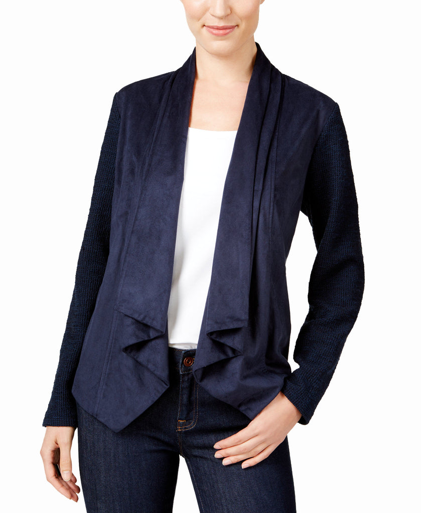 Style & Co Women Mixed Media Draped Jacket Industrial Blue
