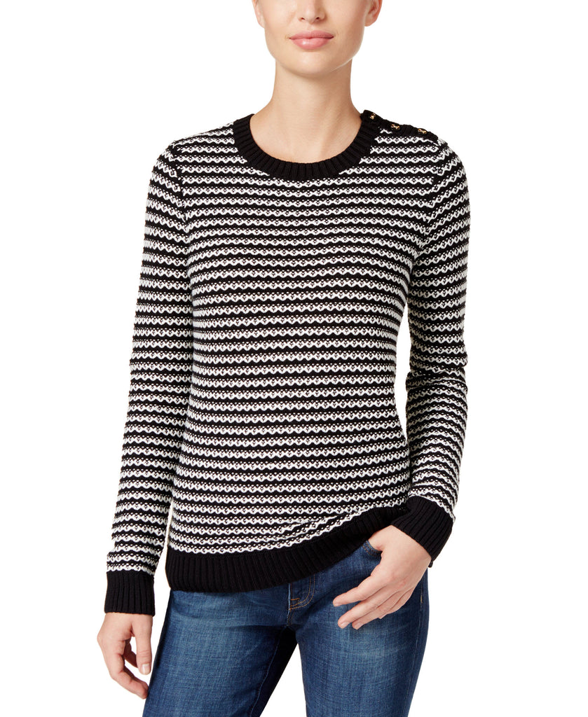 Charter Club Women Petite Striped Sweater Deep Black Combo