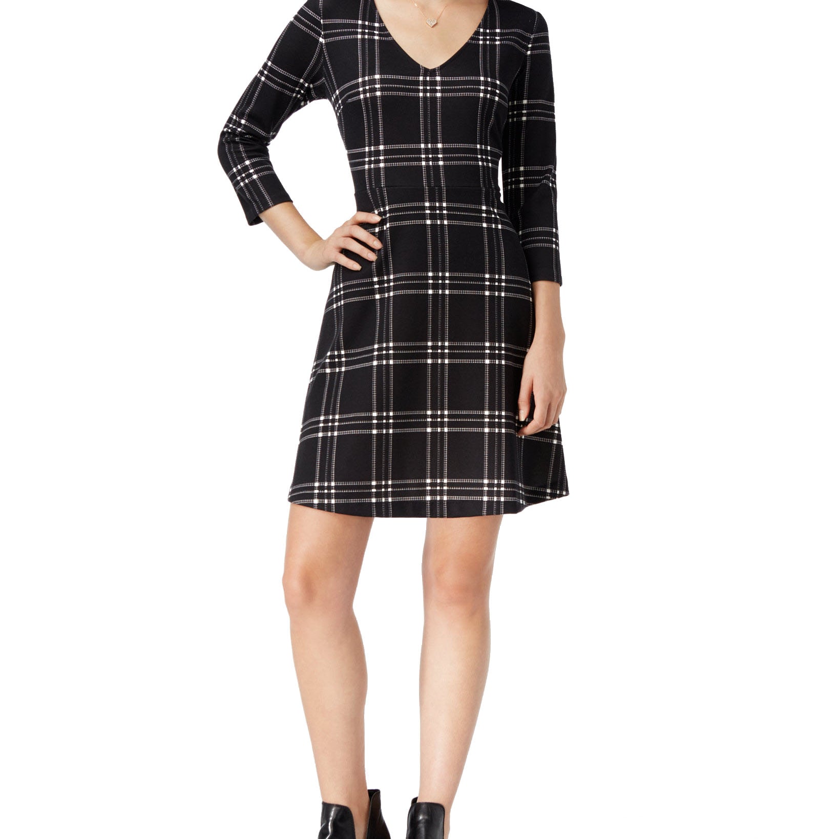 Maison Jules Women Windowpane Fit & Flare Dress Deep Black Combo