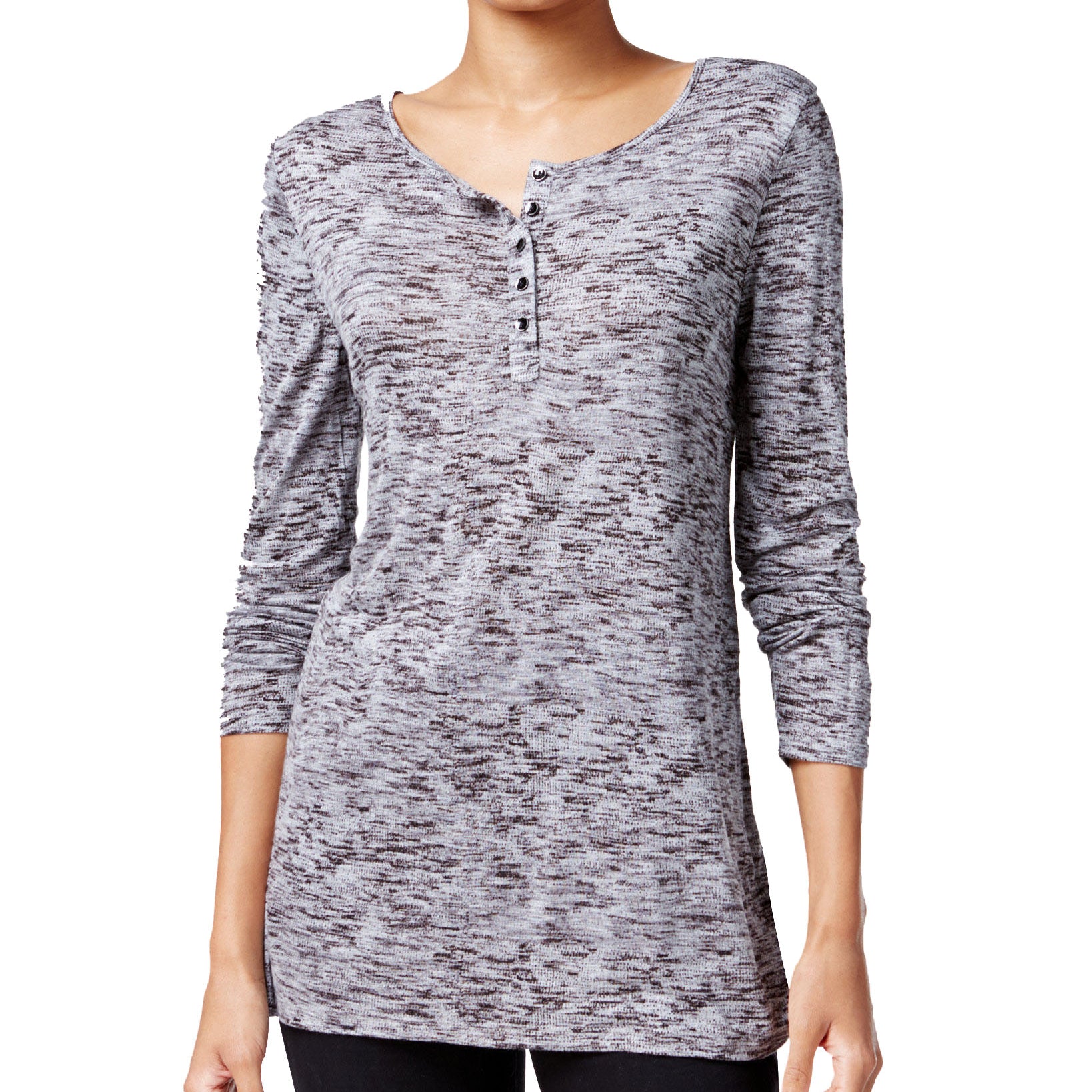 kensie Women Space Dyed Henley Top Heather Grey Combo