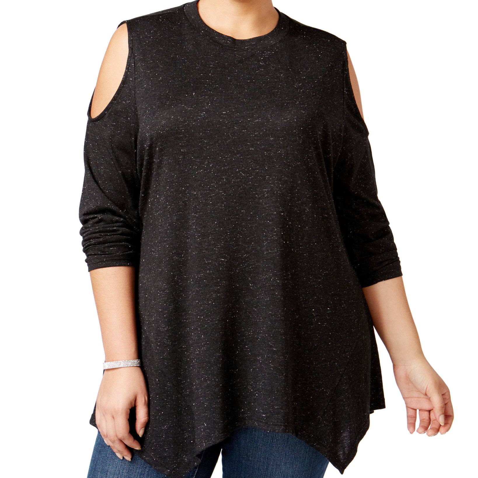 Style & Co Women Plus Cold Shoulder Sparkle Swing Top Deep Black