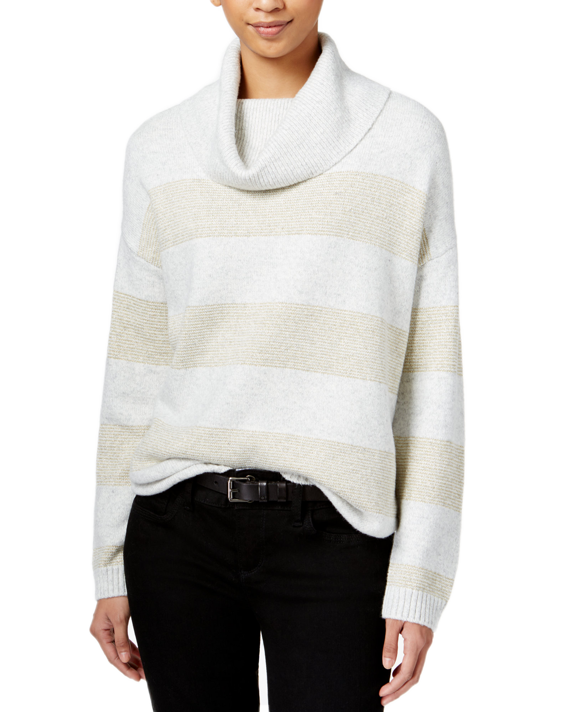 Tommy Hilfiger Women Striped Metallic Turtleneck Sweater Grey Heather