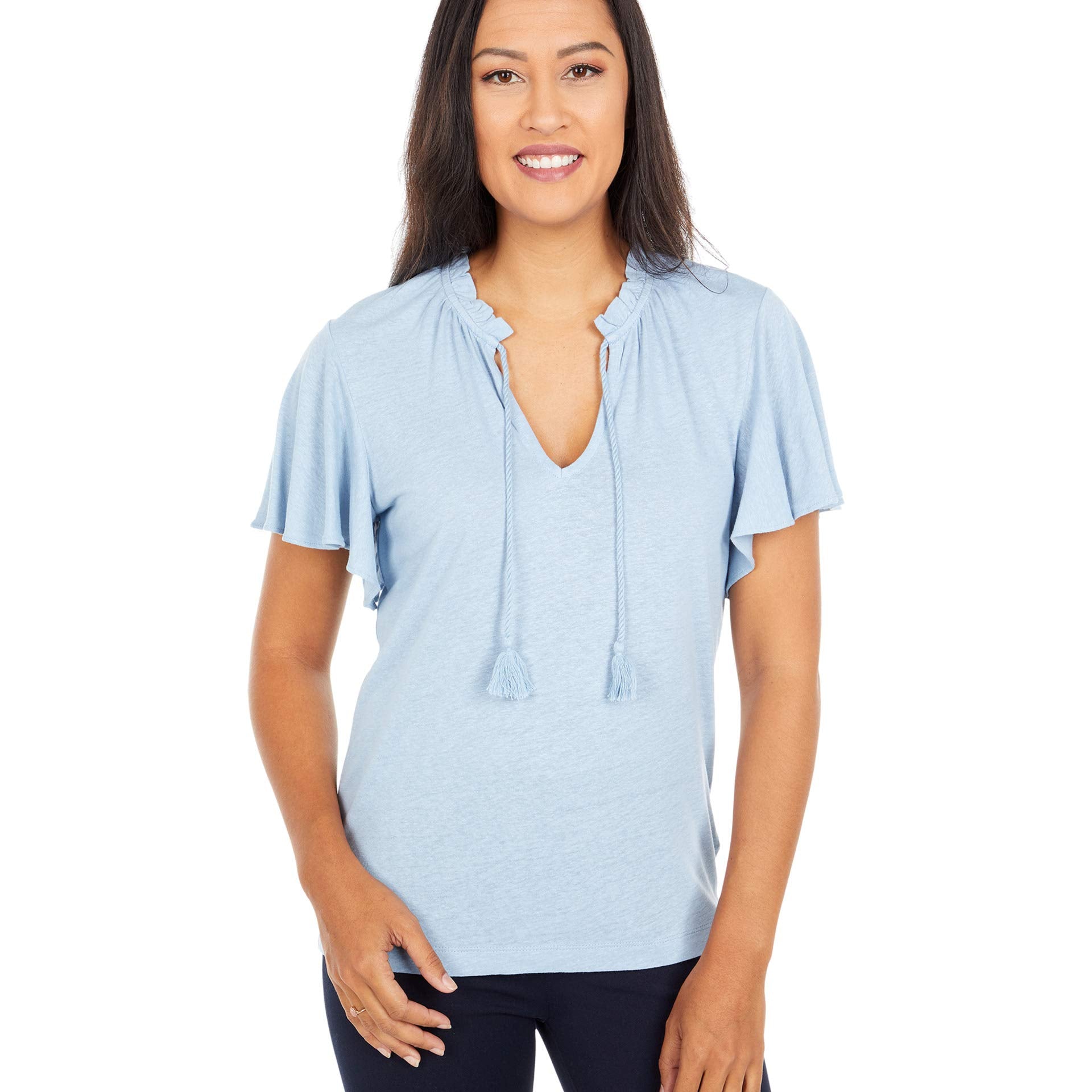 Lauren Ralph Lauren Women Linen Blend Tie Neck Top Estate Blue