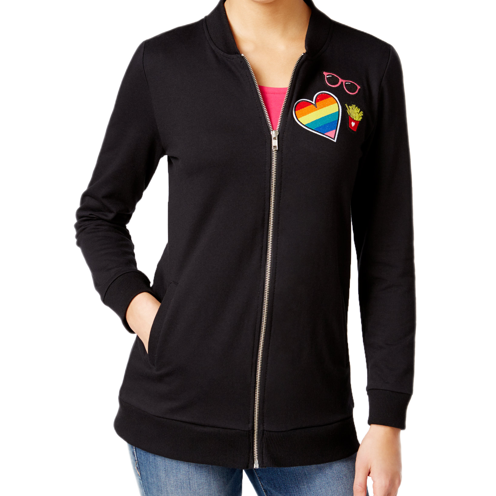 Almost Famous Juniors Patch Trim Tunic Bomber Jacket Black