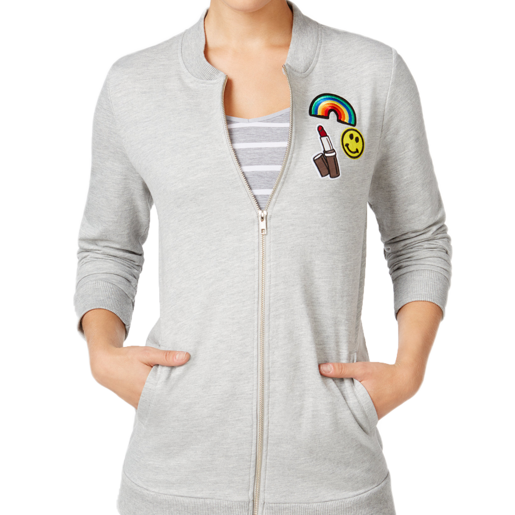 Almost Famous Juniors Patch Trim Tunic Bomber Jacket Light Heather Grey