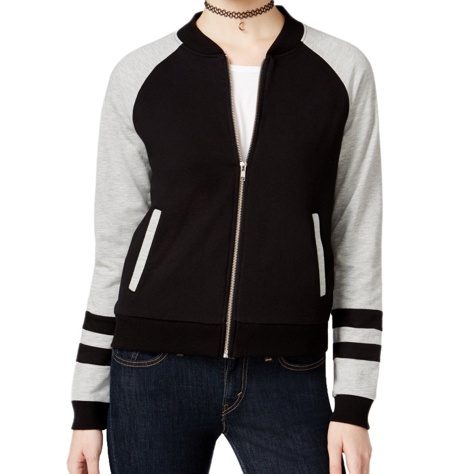 Almost Famous Juniors Colorblocked Bomber Jacket Light Heather Grey