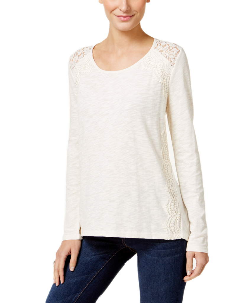Style & Co. Women Lace Trim Top Warm Ivory