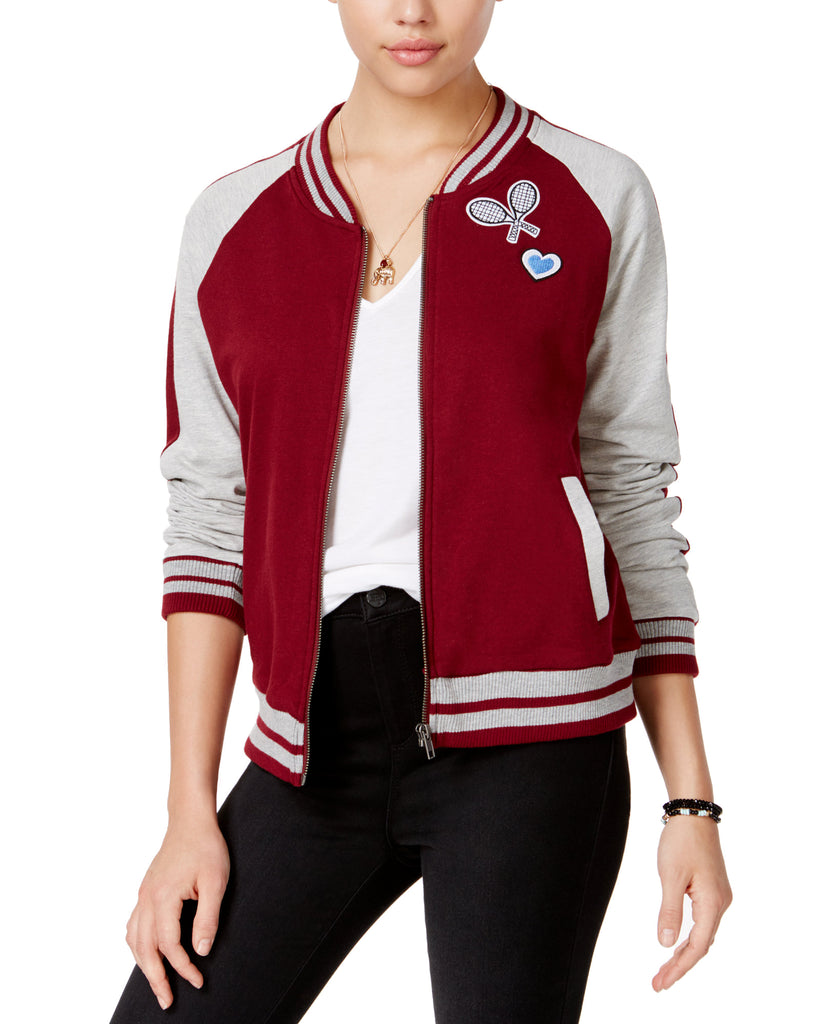 Almost Famous Juniors Patch Knit Bomber Jacket Burgundy