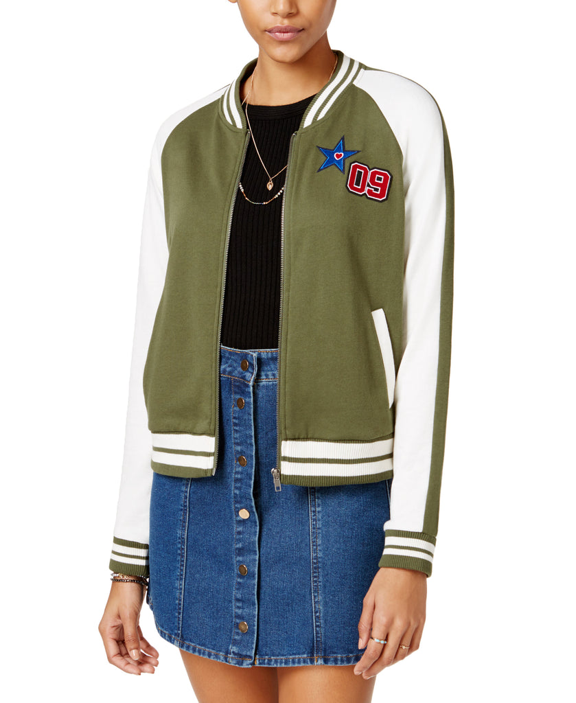 Almost Famous Juniors Patch Knit Bomber Jacket Olive