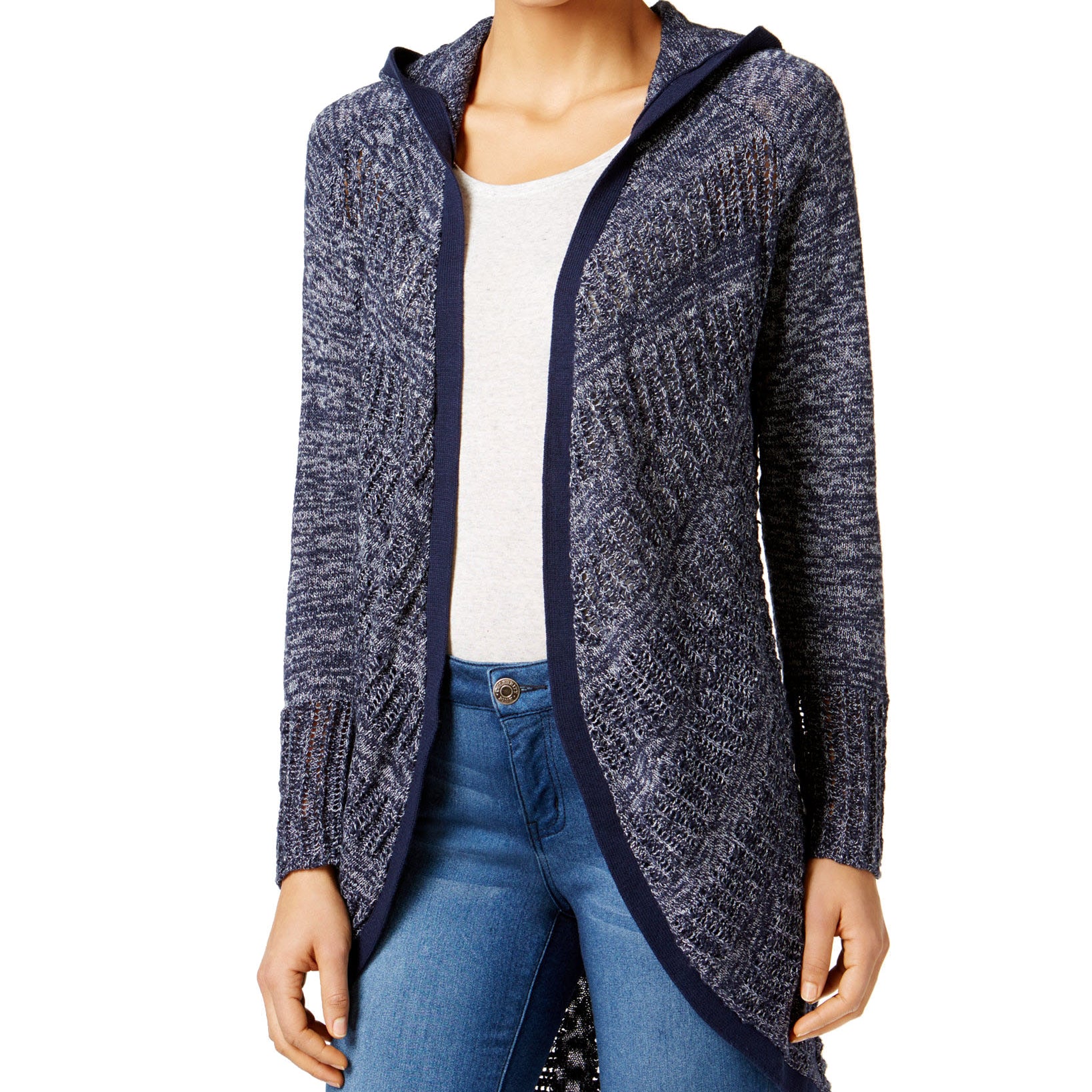 Style & Co Women Pointelle Hooded Cardigan Industrial Blue