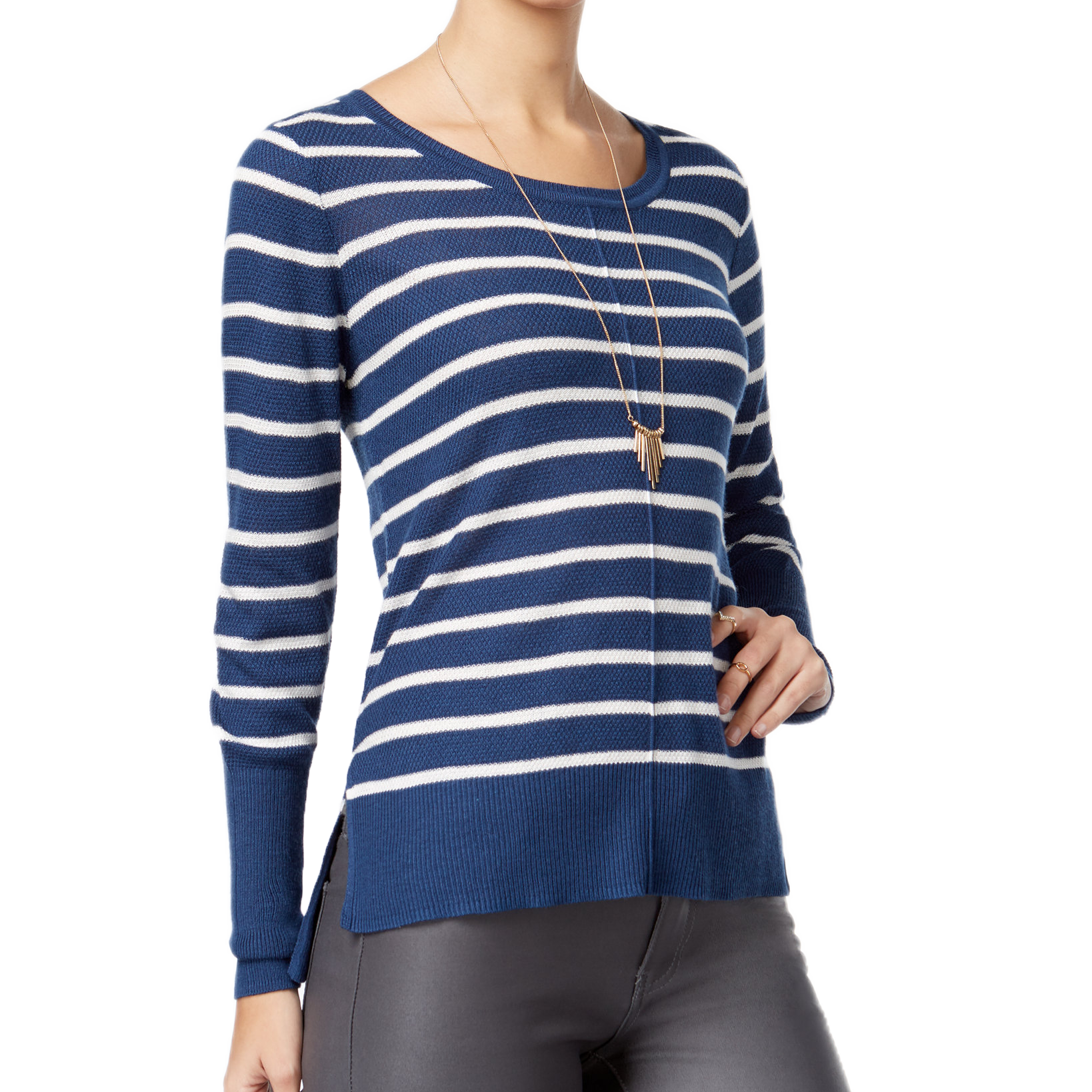 Hippie Rose Women Braided Back Striped Sweater Bandana Blue Ivory