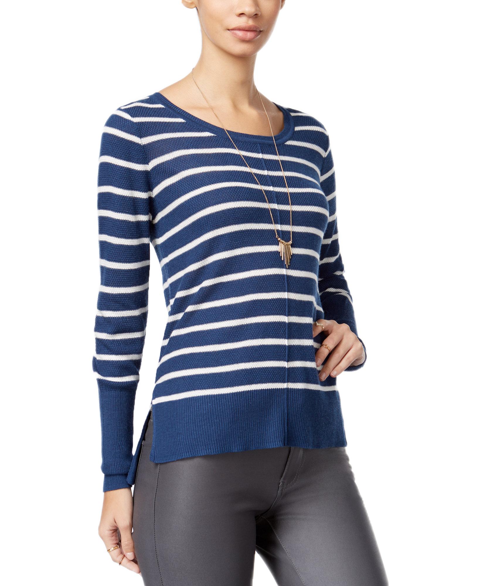 Hippie Rose Women Braided Back Striped Sweater Bandana Blue Ivory
