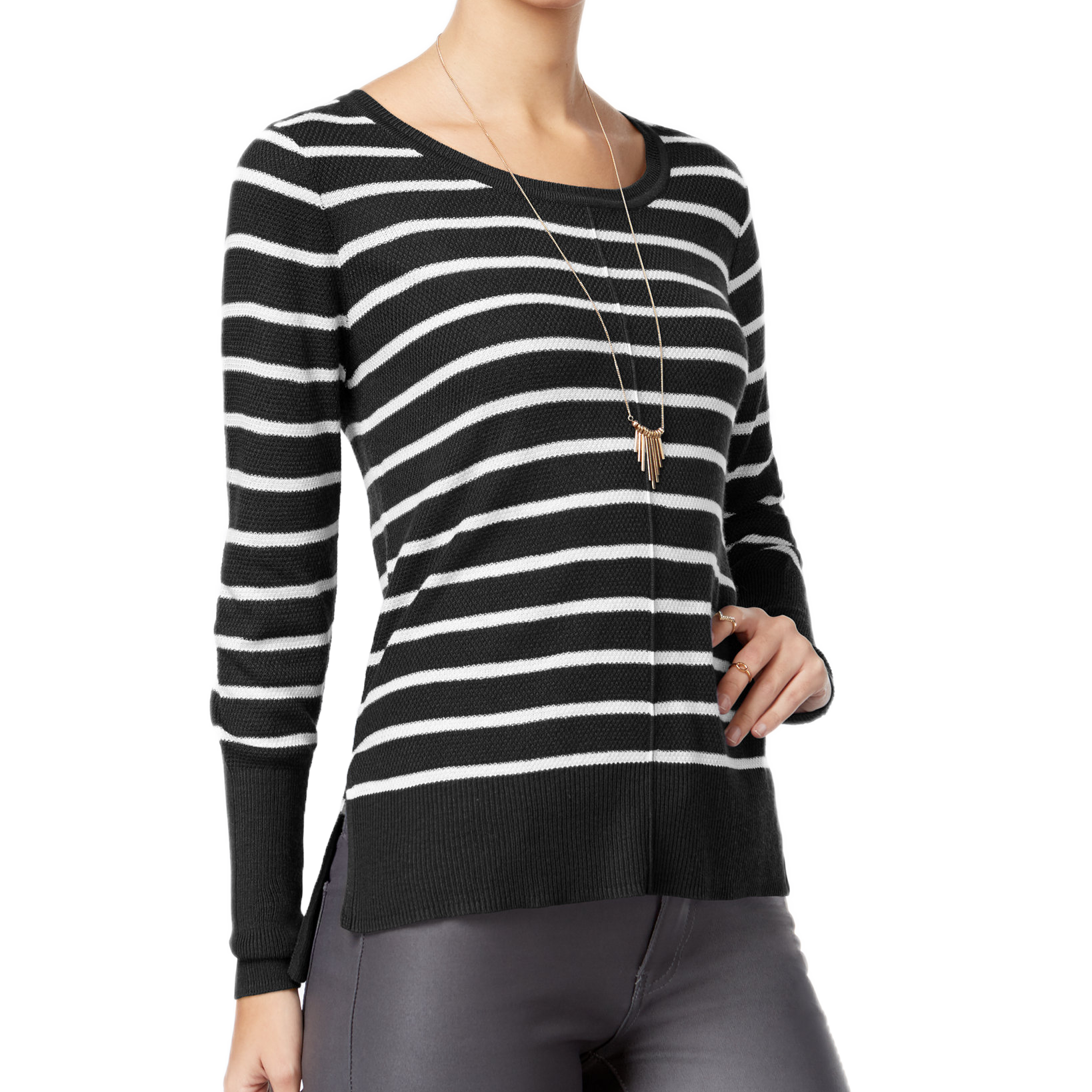 Hippie Rose Women Braided Back Striped Sweater Black Ivory