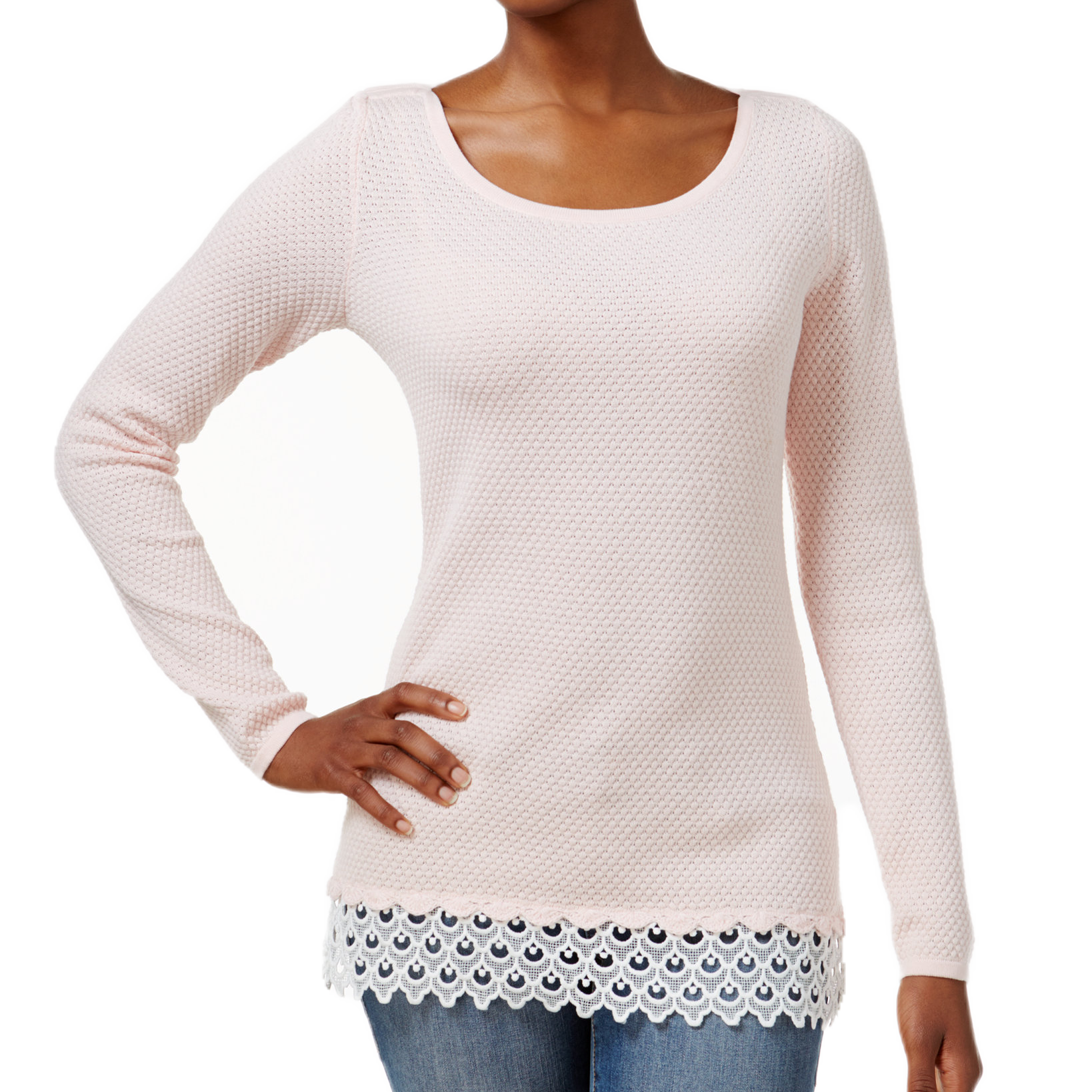 Charter Club Women Patterned Lace Hem Sweater Misty Pink
