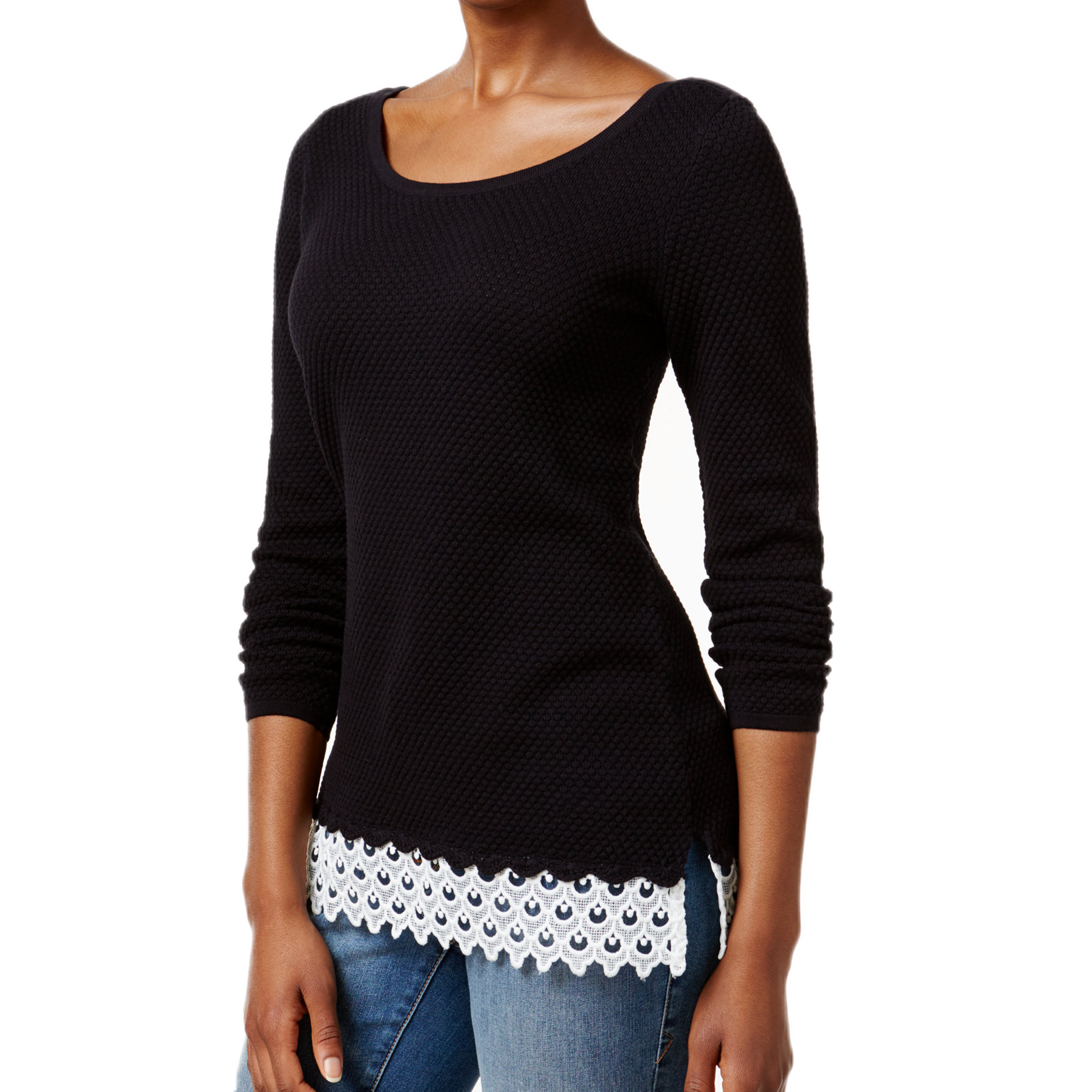 Charter Club Women Patterned Lace Hem Sweater Deep Black