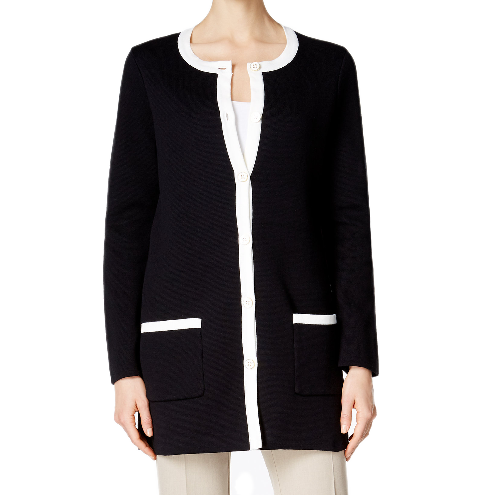 Charter Club Women Contrast Trim Cardigan Deep Black Combo