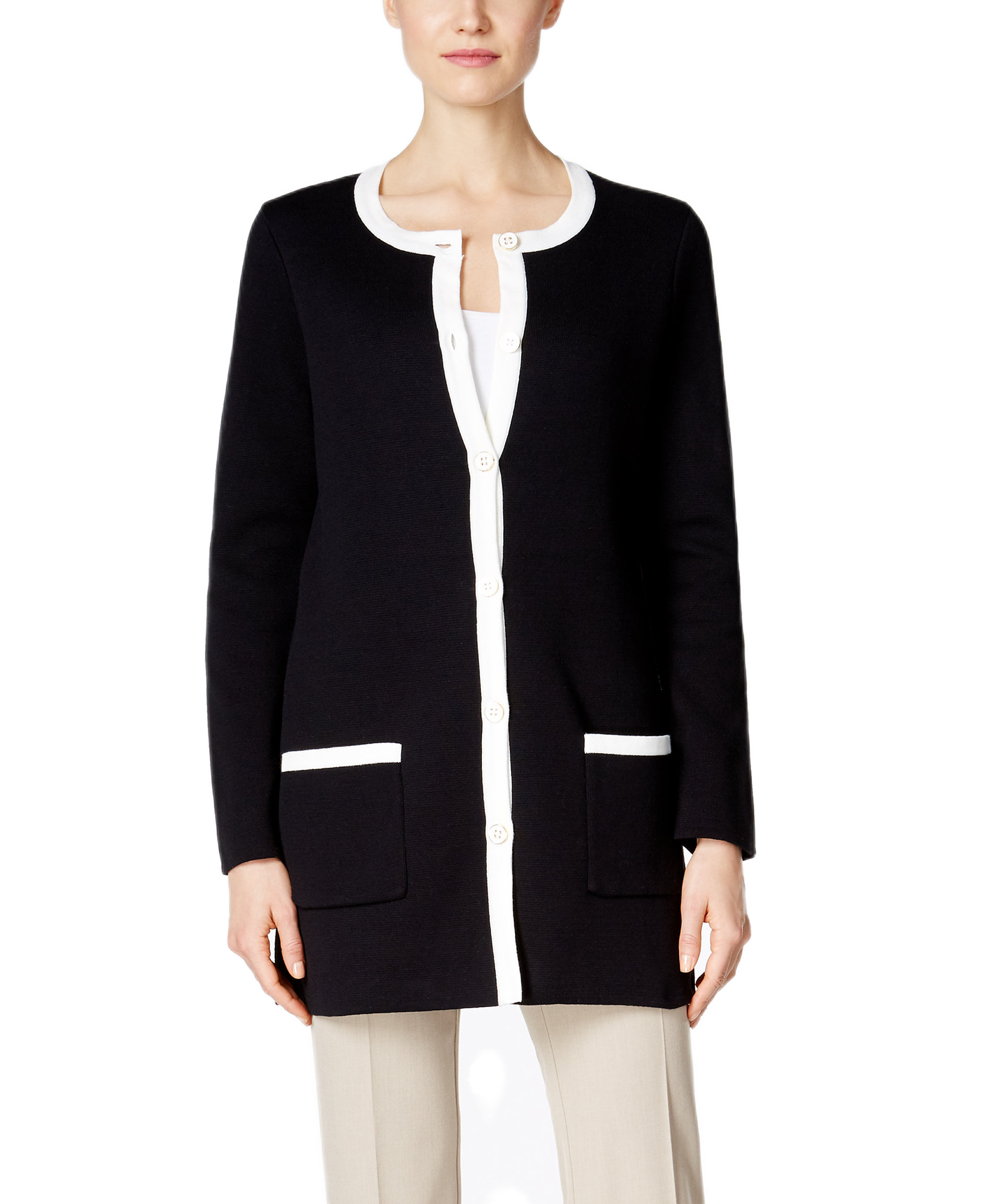 Charter Club Women Contrast Trim Cardigan Deep Black Combo