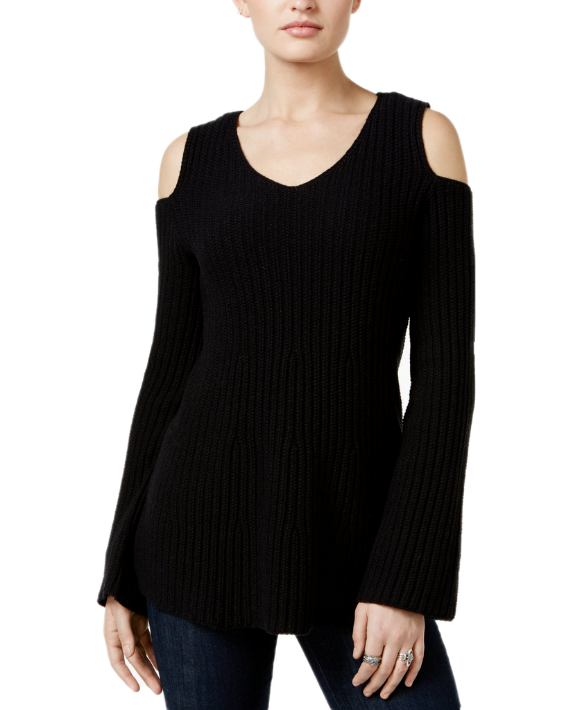 Style & Co Women Off The Shoulder Bell Sleeve Sweater Deep Black