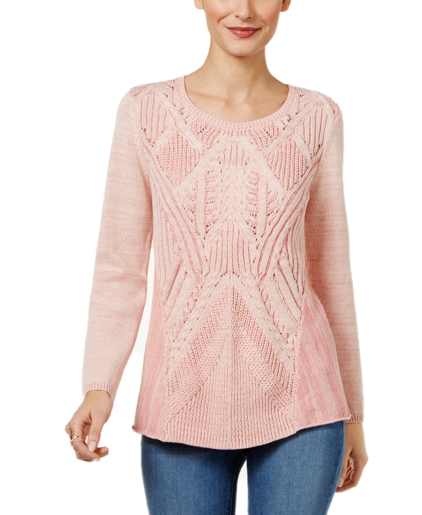 Style & Co Women Cotton Patterned Sweater Pink Combo