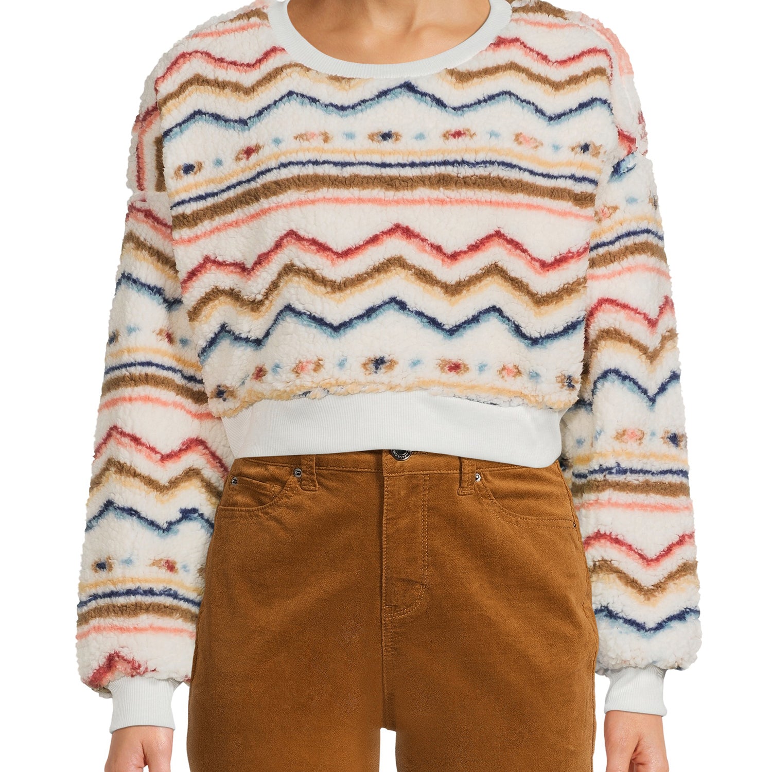 Love + Joy Juniors Plus Plus Faux Sherpa Pullover Top Aztec Ivory
