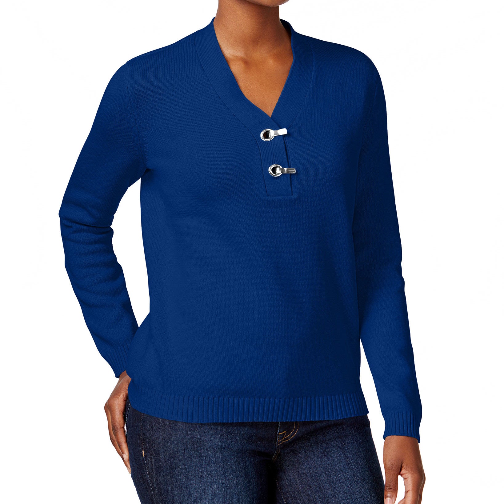 Karen Scott Women Petite Cotton Toggle Henley Sweater Bright Blue