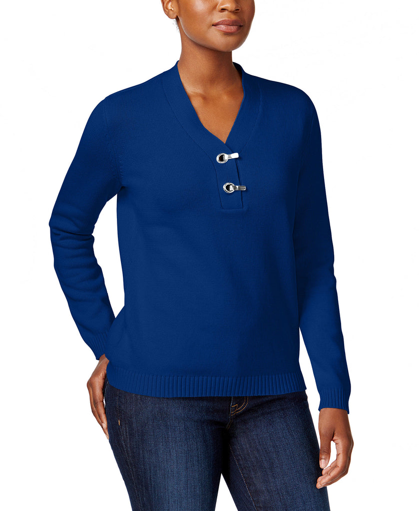 Karen Scott Women Petite Cotton Toggle Henley Sweater Bright Blue
