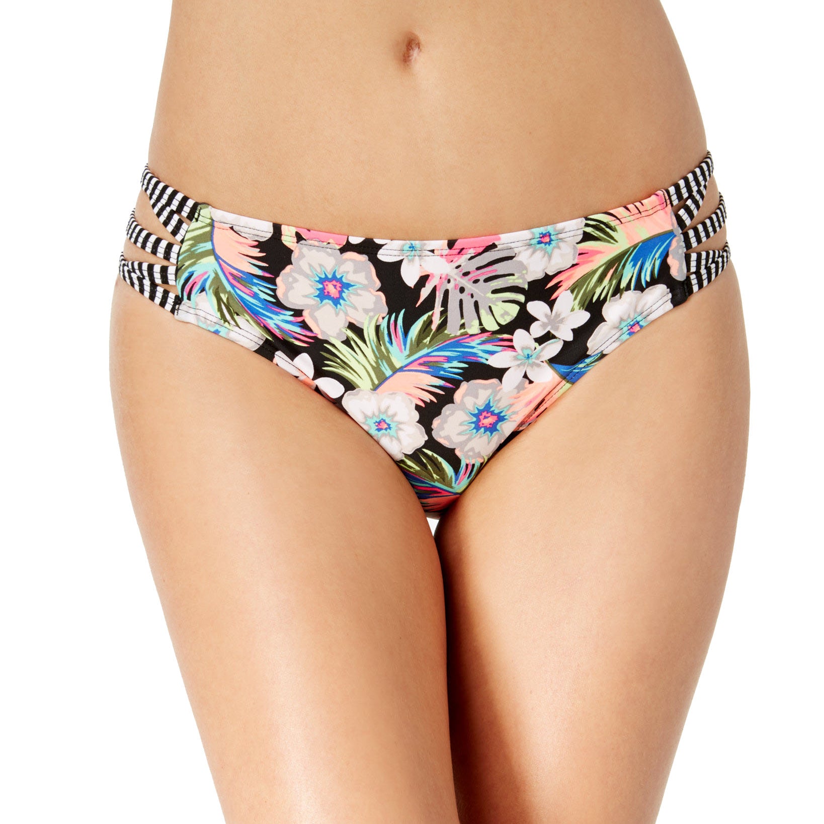 California Waves Juniors Hibiscus Punch Strappy Hipster Bikini Bottoms Floral
