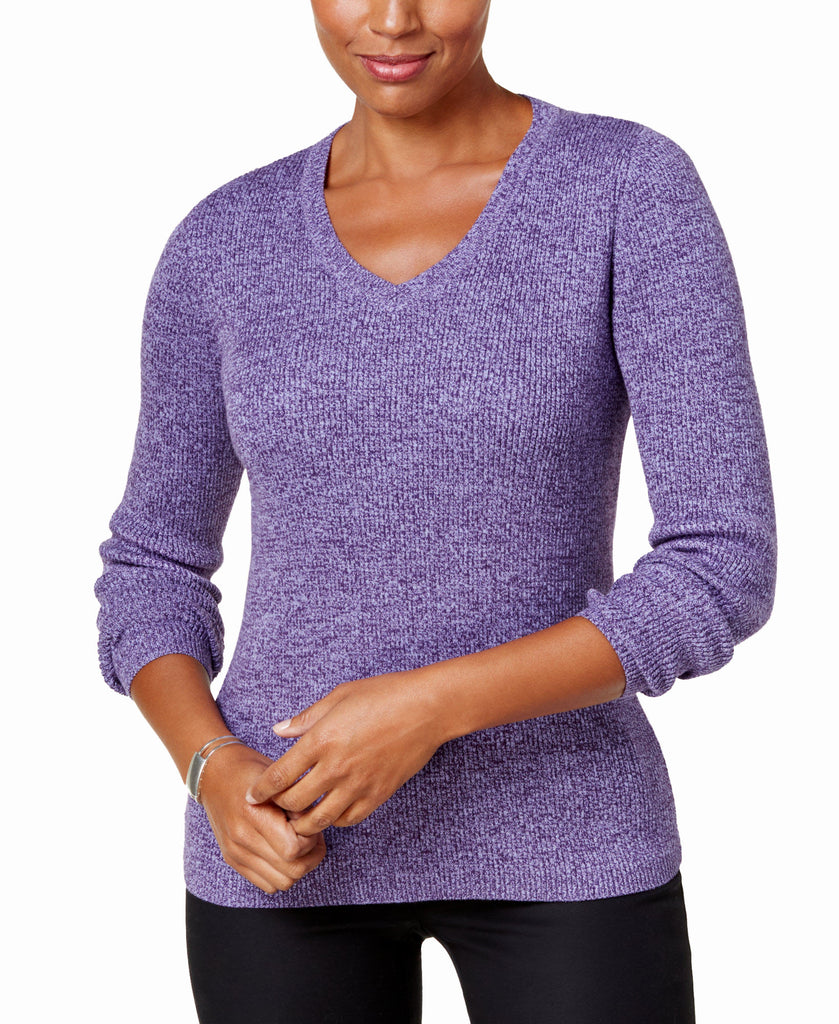 Karen Scott Women Petite Cotton Ribbed Marled Sweater Purple Bliss Marl