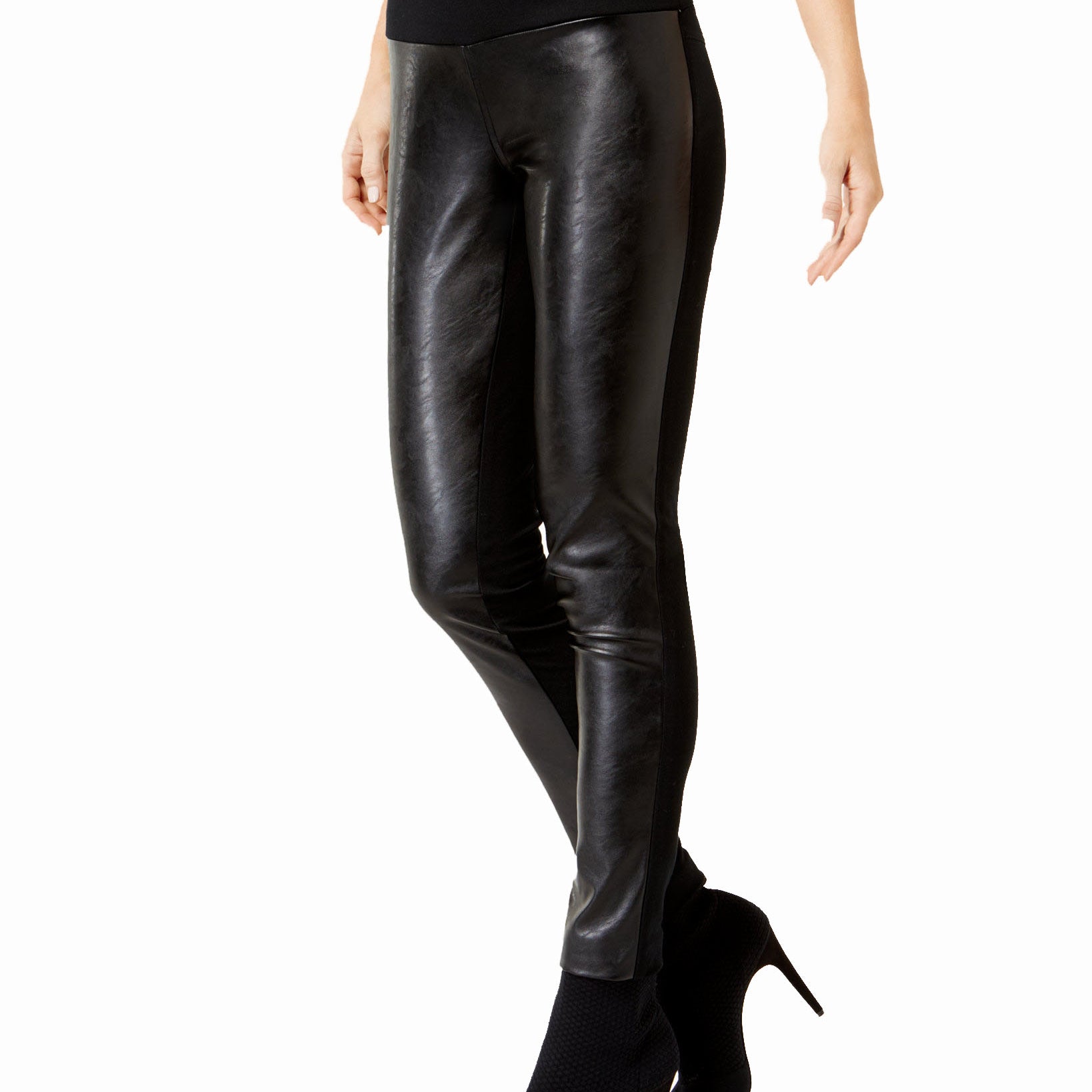 INC International Concepts Women Curvy Faux Leather Front Leggings Deep Black