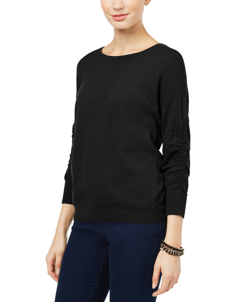 INC International Concepts Women Ruched Sleeve Sweater Deep Black