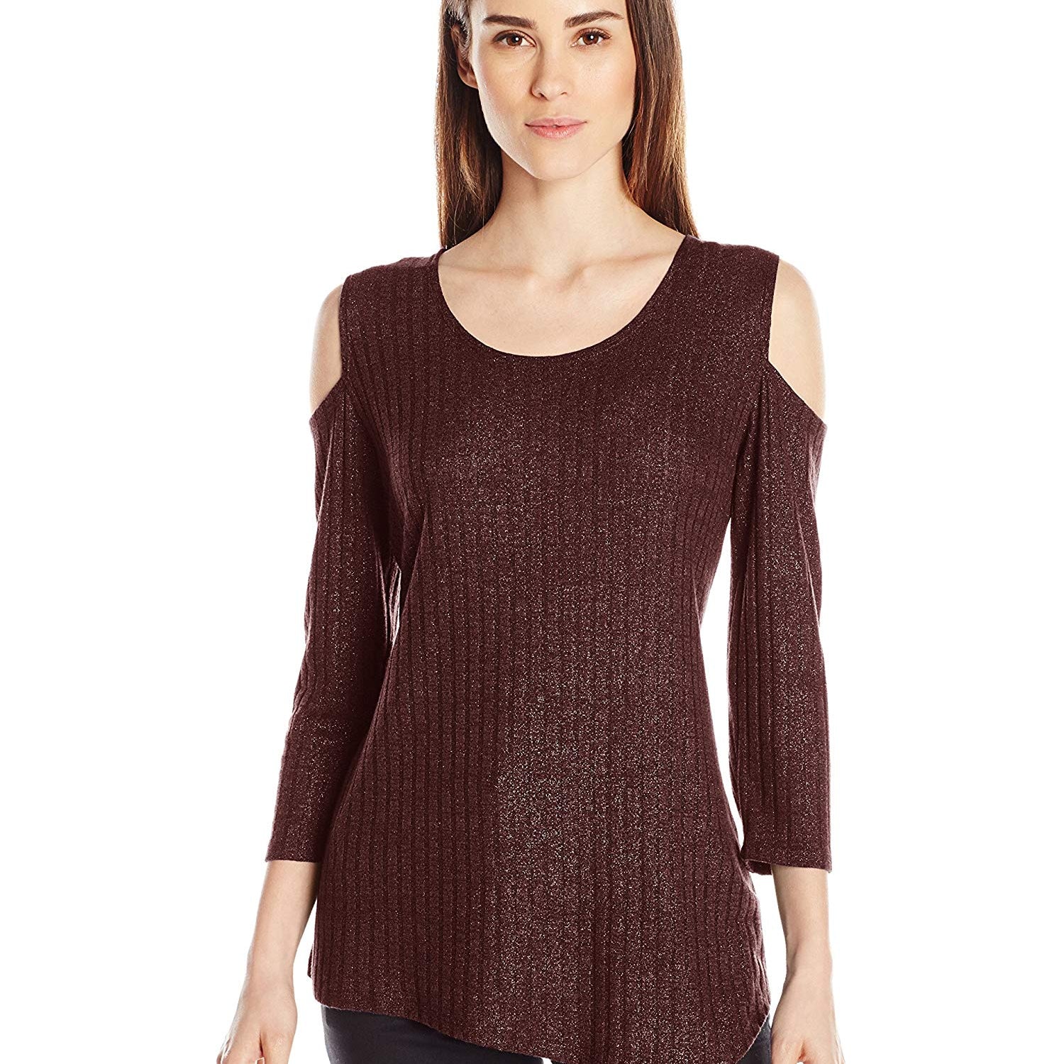 NY Collection Women Asymmetrical Cold Shoulder Top Wine Dustrain