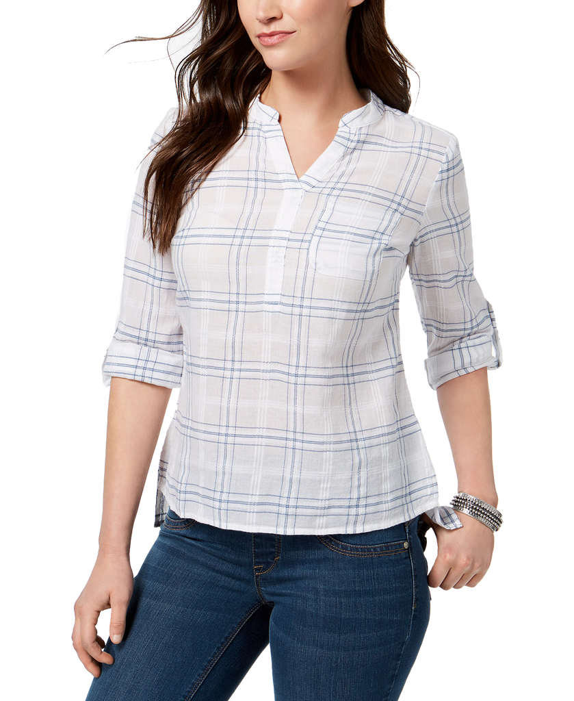 Style & Co Women Petite Cotton Textured Roll Tab Top Deck Plaid White