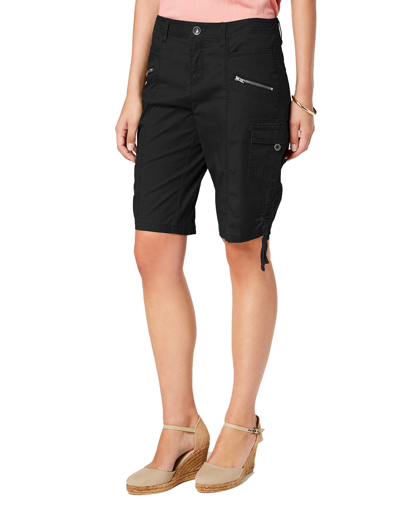 Style & Co Women Petite Zipper Bermuda Cargo Shorts Deep Black