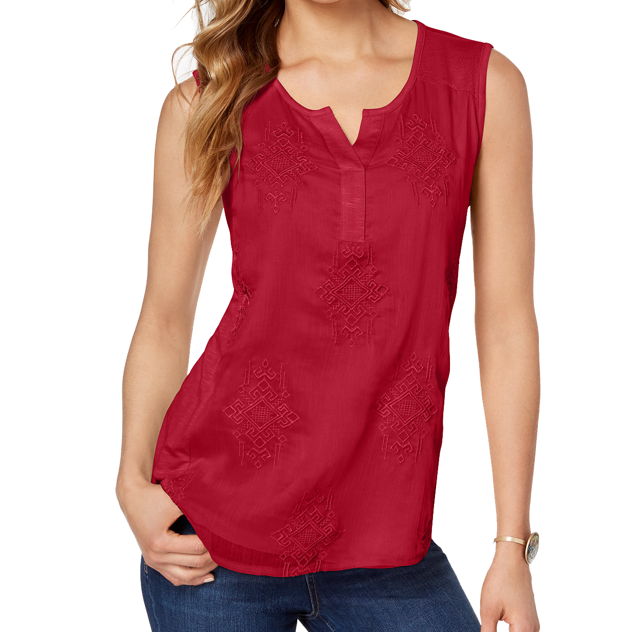 Style & Co Women Petite Embroidered Top Real Red