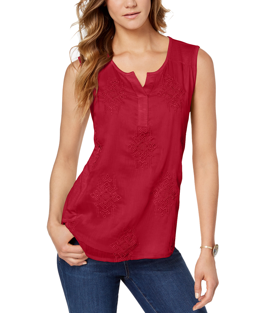 Style & Co Women Petite Embroidered Top Real Red