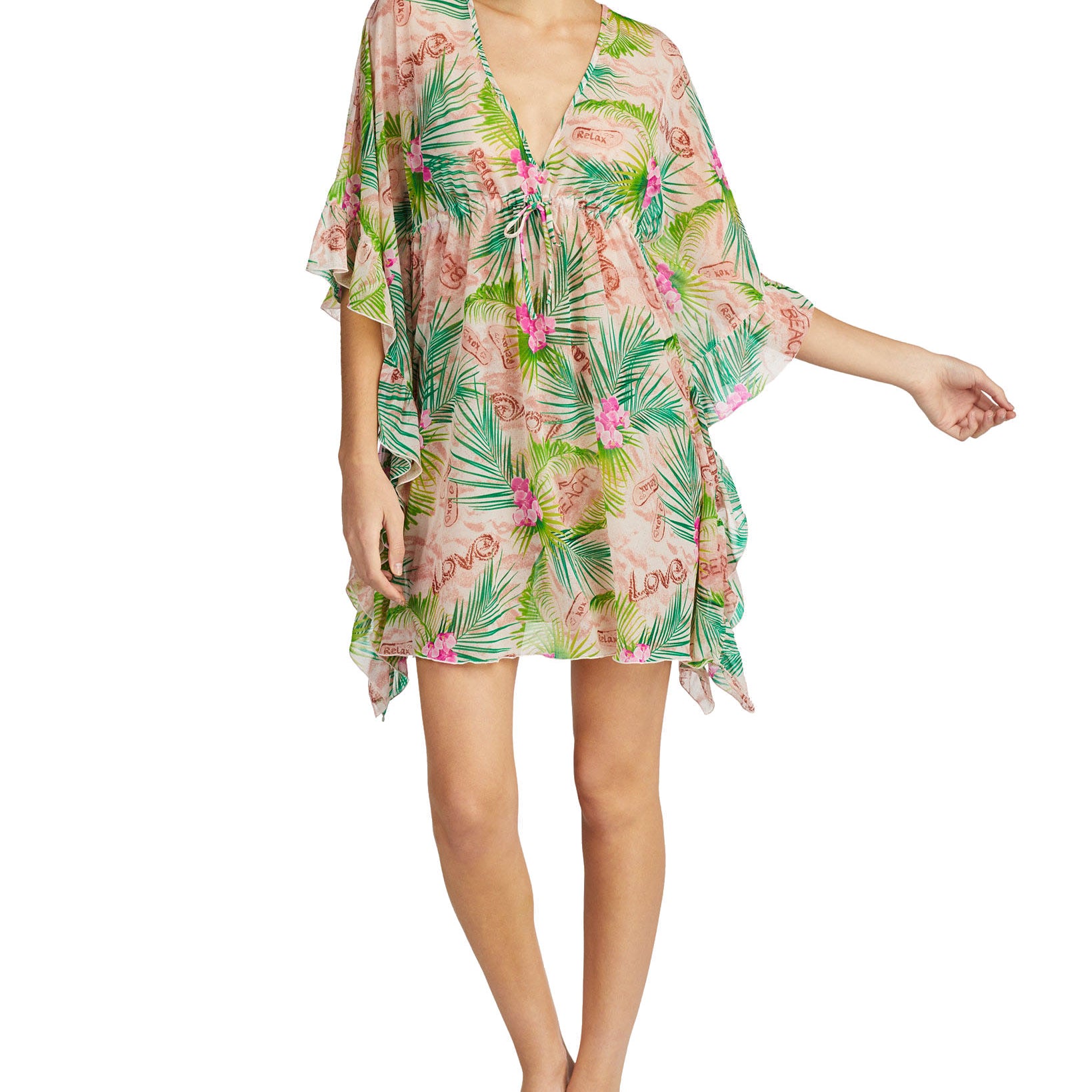 Betsey Johnson Women Striped Chiffon Ruffle Cuff Caftan Green
