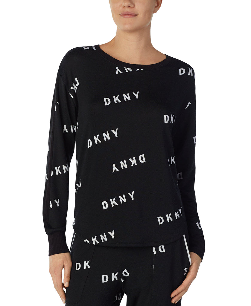DKNY Women Logo Long Sleeve Knit Pajama Top Black Print