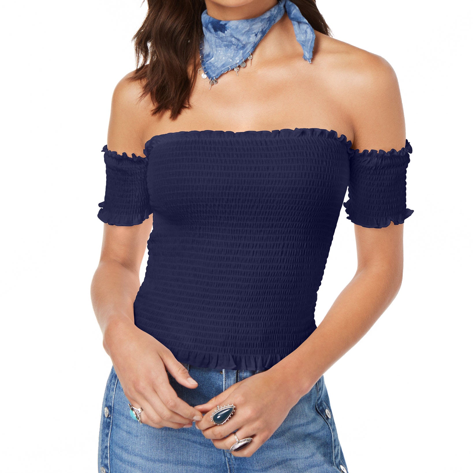 Crave Fame Women Smocked Off The Shoulder Crop Top Navy