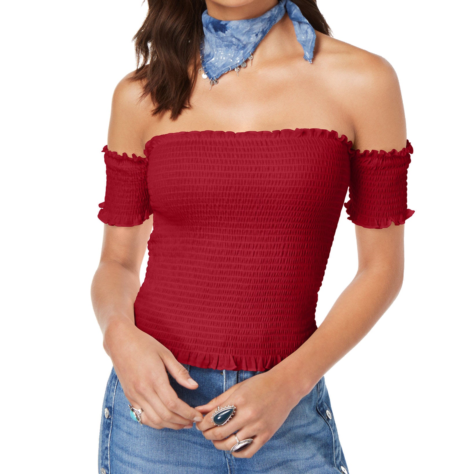Crave Fame Women Smocked Off The Shoulder Crop Top Red